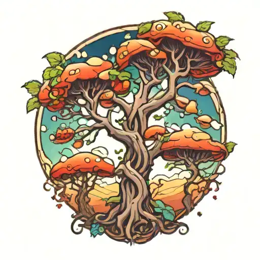Tree Of Life Intertwined With Souls And Mushrooms