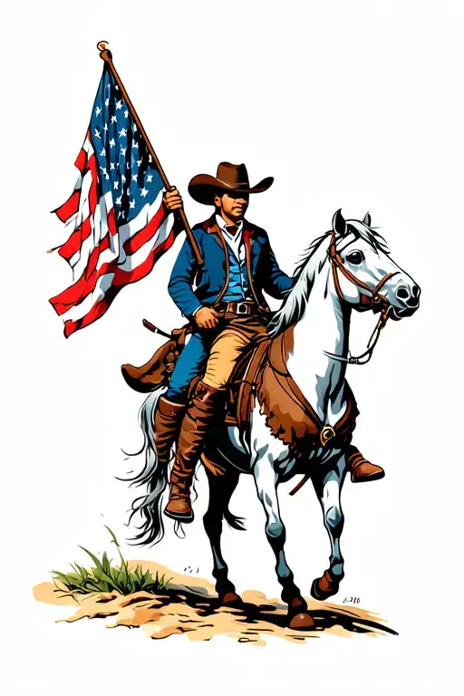 American Cowboy With Boots Holding A Flag On A Horse