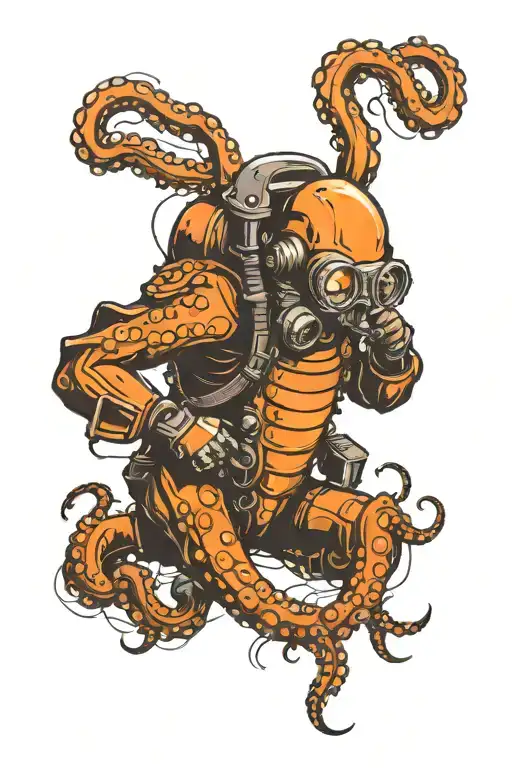 Vintage Diving Suit Fighting Octopus Wrapped