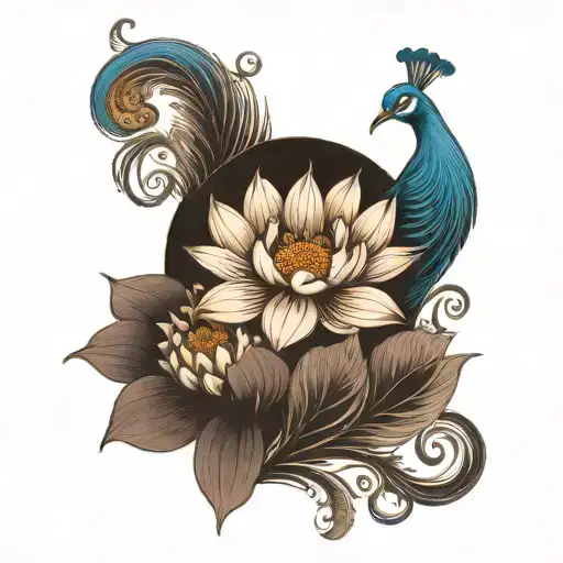 Lotus Flower And Peacock Feather Intertwined