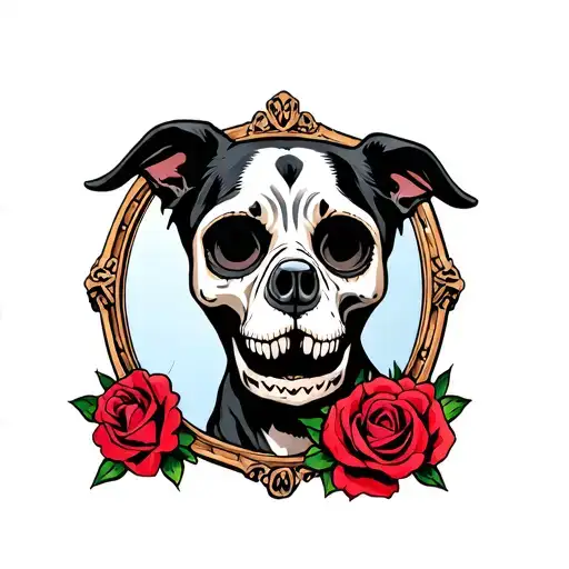 Day Of The Dead Zombie Dog Skullwith Roses And Mirror In Background