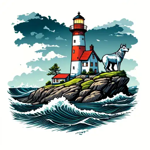 Lighthouse With Waves And A Wolf Perched On A Rock