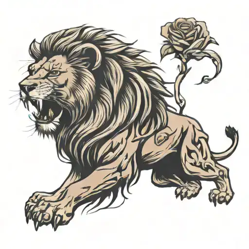 Lion Roaring With Rose Underneath