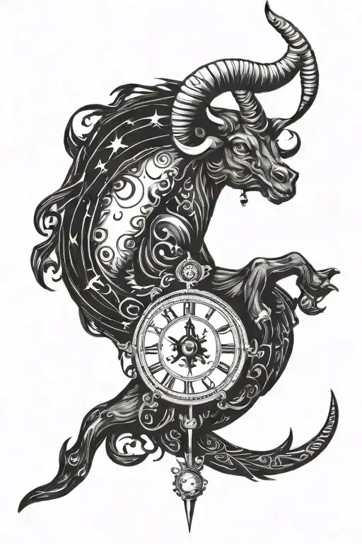 Capricorn Sign With Elements And Star And Add Some Open Eye At The Top And Below That A Clock