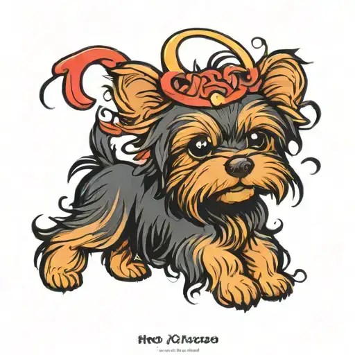 A Cute Little Yorkie With A Halo That Is Running Through Hell Casing The Devil
