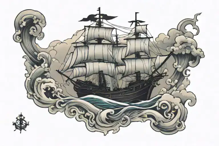 Cover The Words Mob On Chest With A Pirate Ship Sailing Through Stormy Seas