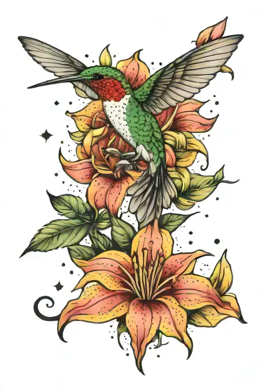 Stargazer Lily Sunflower Hummingbird Surrounded By Constellations