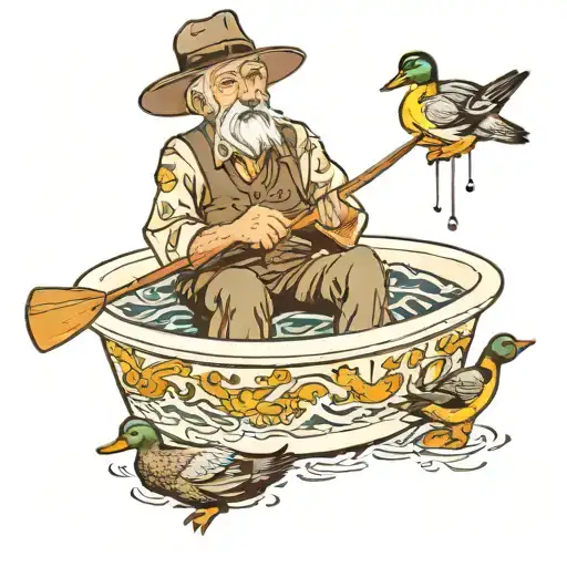 Old Man Fishing In Bathtub Surrounded By Duck Holding