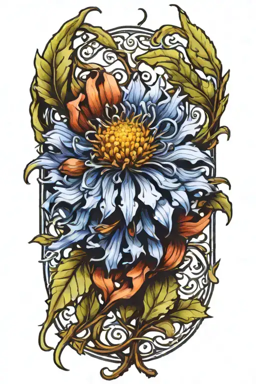 A Neotraditional Tattoo Of A Cornflower Blooming From An Oak Tree Branch