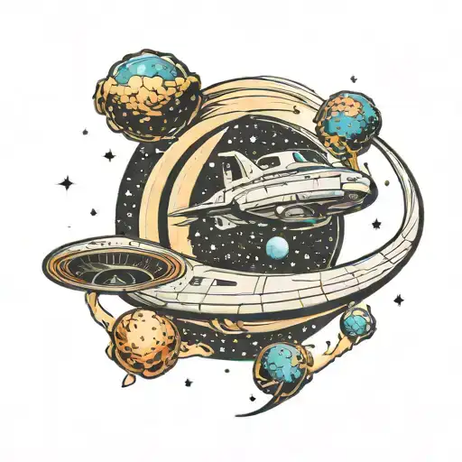 A C Shaped Crescent Moon In A Galaxy With Star Trek Enterprise Ship Flying