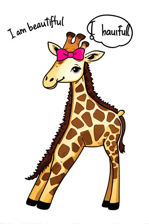 Giraffe With A Little Pink Bow On Their Head With A Thought Bubble Saying I Am Beautiful
