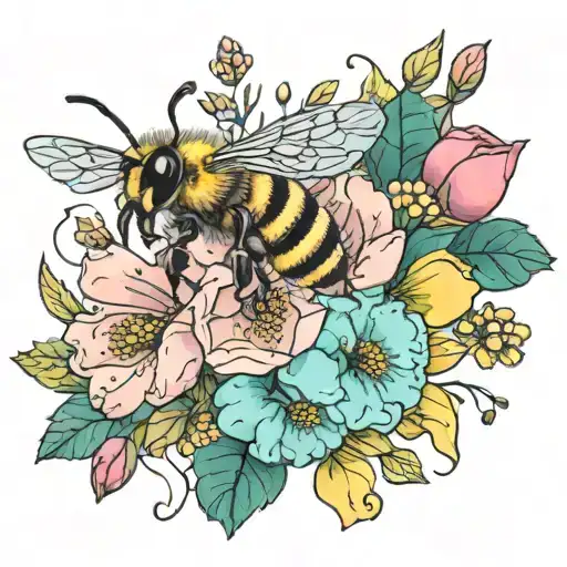 A Realistic Bee Resting On A Colorful Flower With A Background Of Beetles Crawling