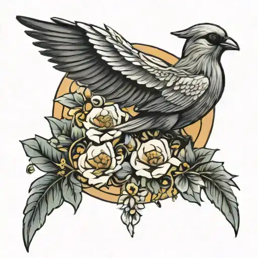 Bird In Arch With Flowers And Leaves