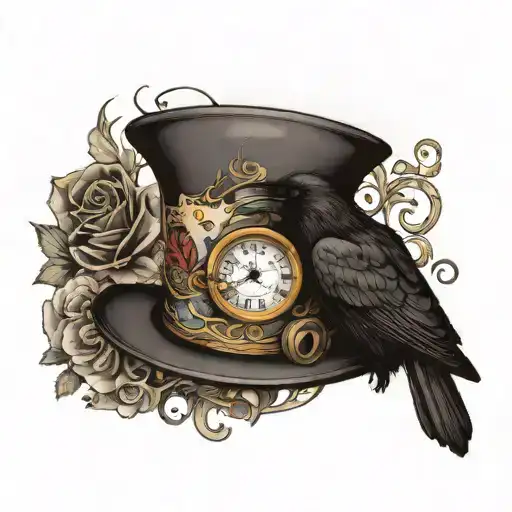 A Raven Perched On A Alice In Wonderland Top Hat With A Tea Cup And Clock Next To The Hat
