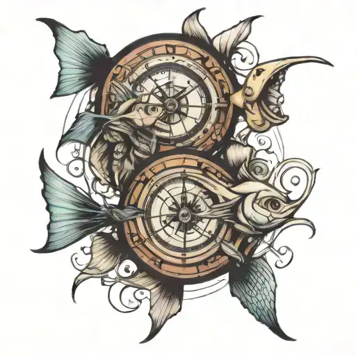 Two Fish Kissing In Compass Sketch Style