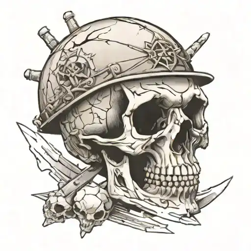 Make A Design Of A Cracked Skull With An Arditti Dagger And A Helmet From The First World War