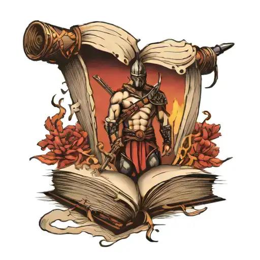 Open Book With Warrior Hero And Scene Behind And Above