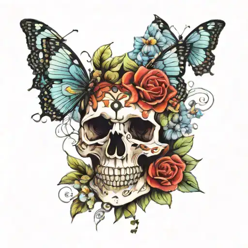 Skull Surrounded By Flowers And Butterflies