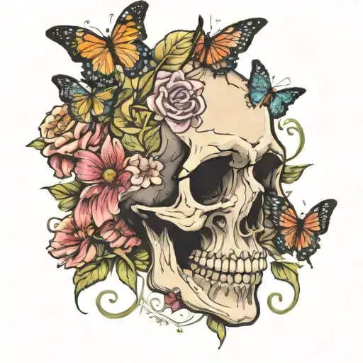 Skull Surrounded By Flowers And Butterflies