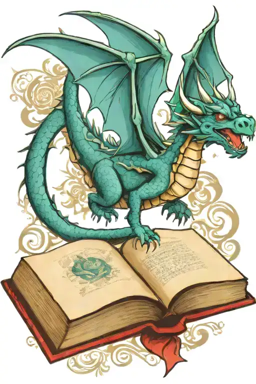 Dragon Flying Over A Book Style Illustration