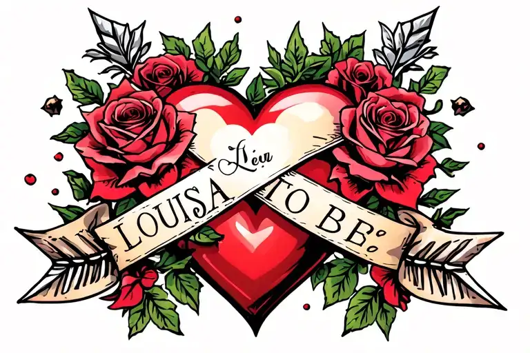 Louisa Name In Arrow Heart With Roses Around The Heart Lining - Heart To Be Diagonal