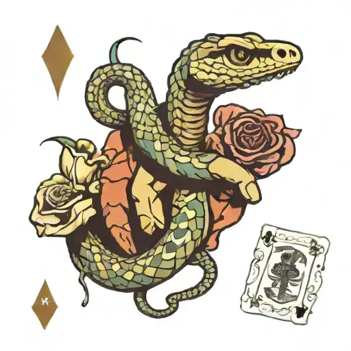 Rattlesnake Around Skeleton Hand Holding Cards