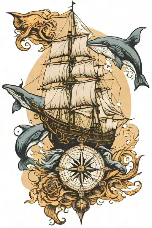 Ship And Whale And Compass Surrounded