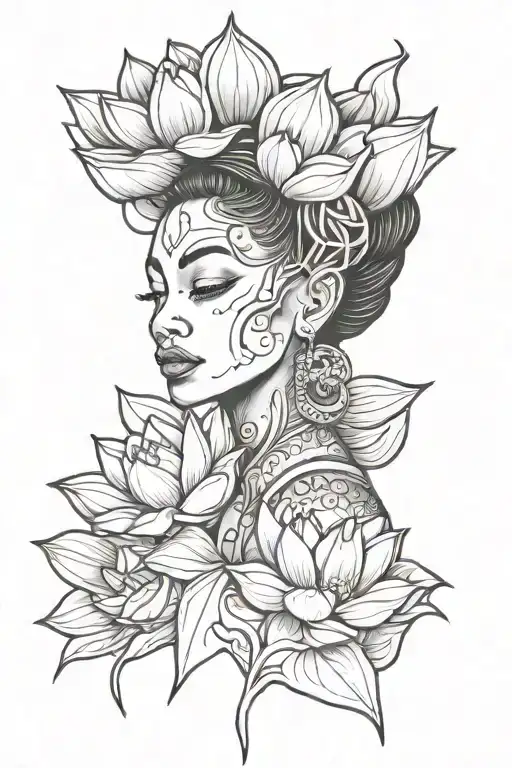 Black Woman Face Line Art With Lotus Flower