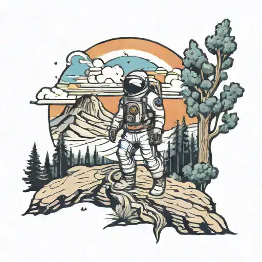 Astronaut Sky Mountains Trees Road Leading