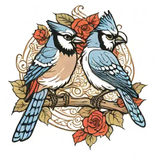 Blue Jay And Cardinal Perched