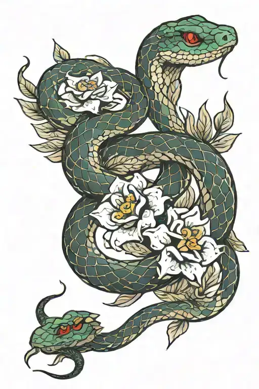 Snake Intertwined In Flowers