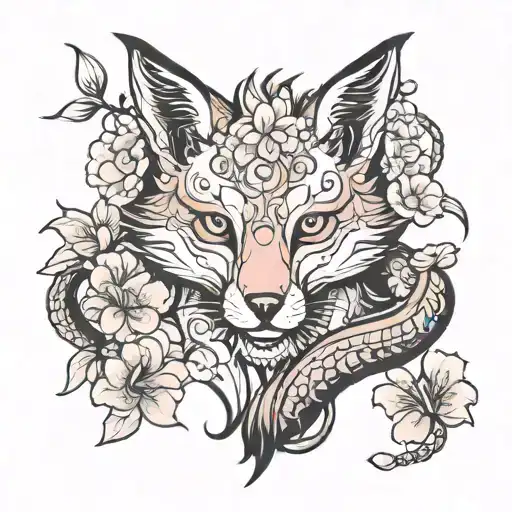 Fox And Dragon And Sakura Flower