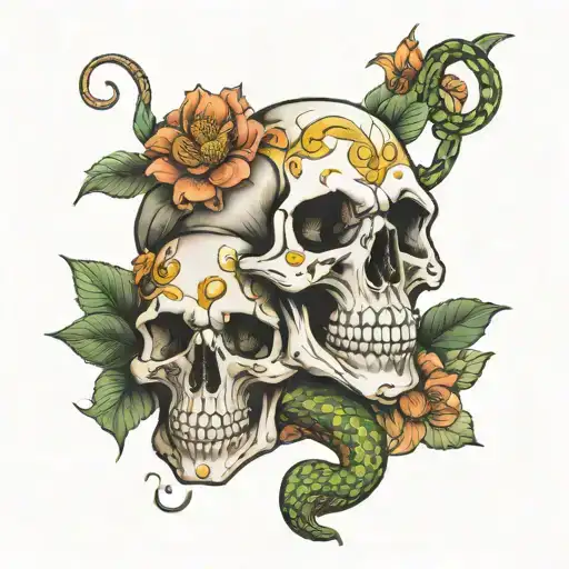 Skull And Snake With Flowers Blooming