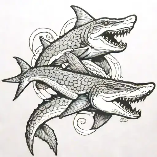 Shark And Crocodile Circling Around Each Other