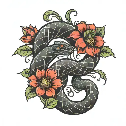 Red Flower With Black Snake Intertwined