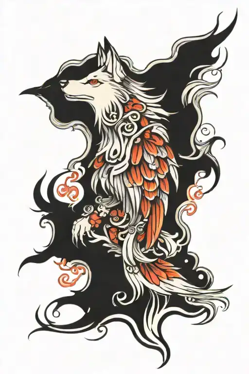 Wolf With Phoenix Bird