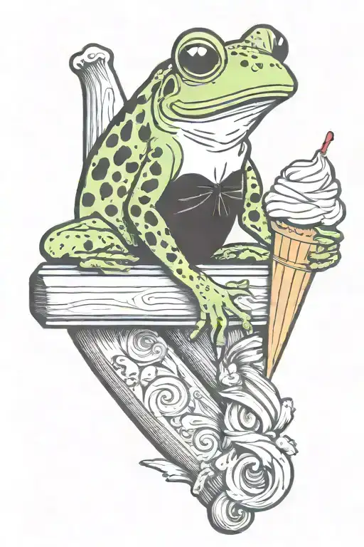 Frog Sitting On A Wooden Plank Eating A Soft Serve Ice Cream Cone