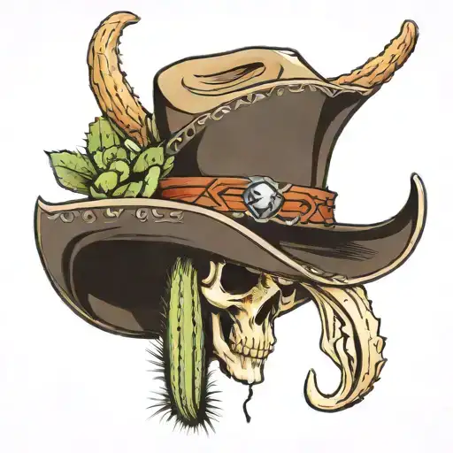 Cowboy Hat Hanging On Cactus With Longhorn Skull