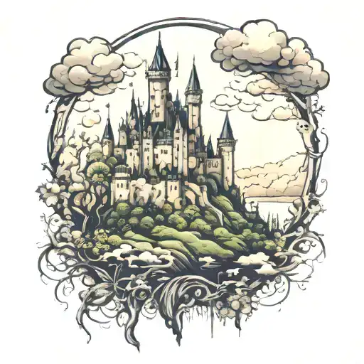 Overgrown Gothic Cityscape Showing The Grouund Up To A Castle Above Towards The Clouds