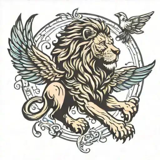 Lion With Bird Flying