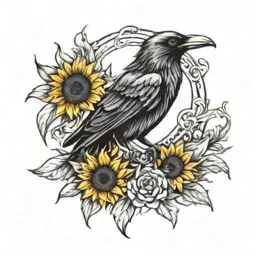 Raven And Fox Surrounded By Sunflowers