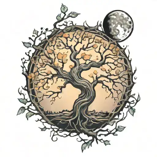 Moon And Oak Tree Intertwined