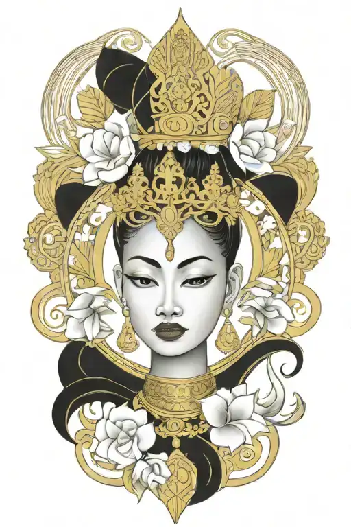 Goddess Wearing Golden Thai Crown Incorporate Sailboat