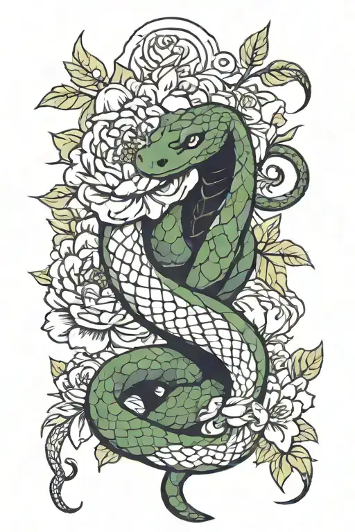 Full Body Snake Intertwined Around A Peony Flower