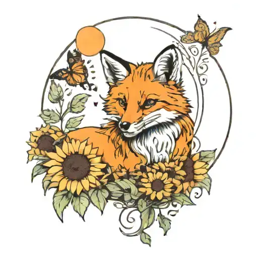 Fox In A Field Of Sunflowers With Butterflies And A Moon In The Sky
