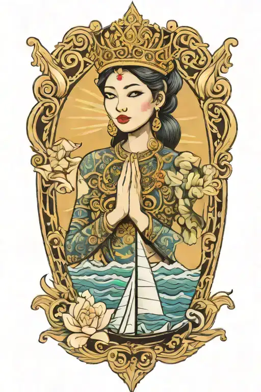 Maiden Wearing Thai Gold Crown Praying With Sailboat In The Background