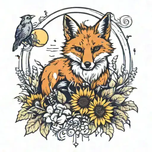 Fox In A Field Of Sunflowers With Ravens And A Moon In The Sky