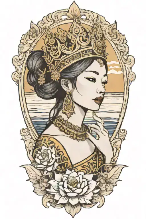 Praying Maiden Wearing Thai Gold Crown Incorporate Sailboat In The Background