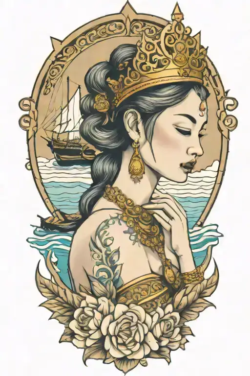 Praying Maiden Wearing Thai Gold Crown Incorporate Sailboat In The Background