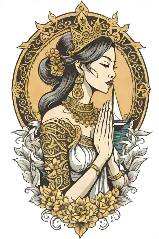 Praying Maiden Wearing Thai Gold Crown Incorporate Sailboat In The Background